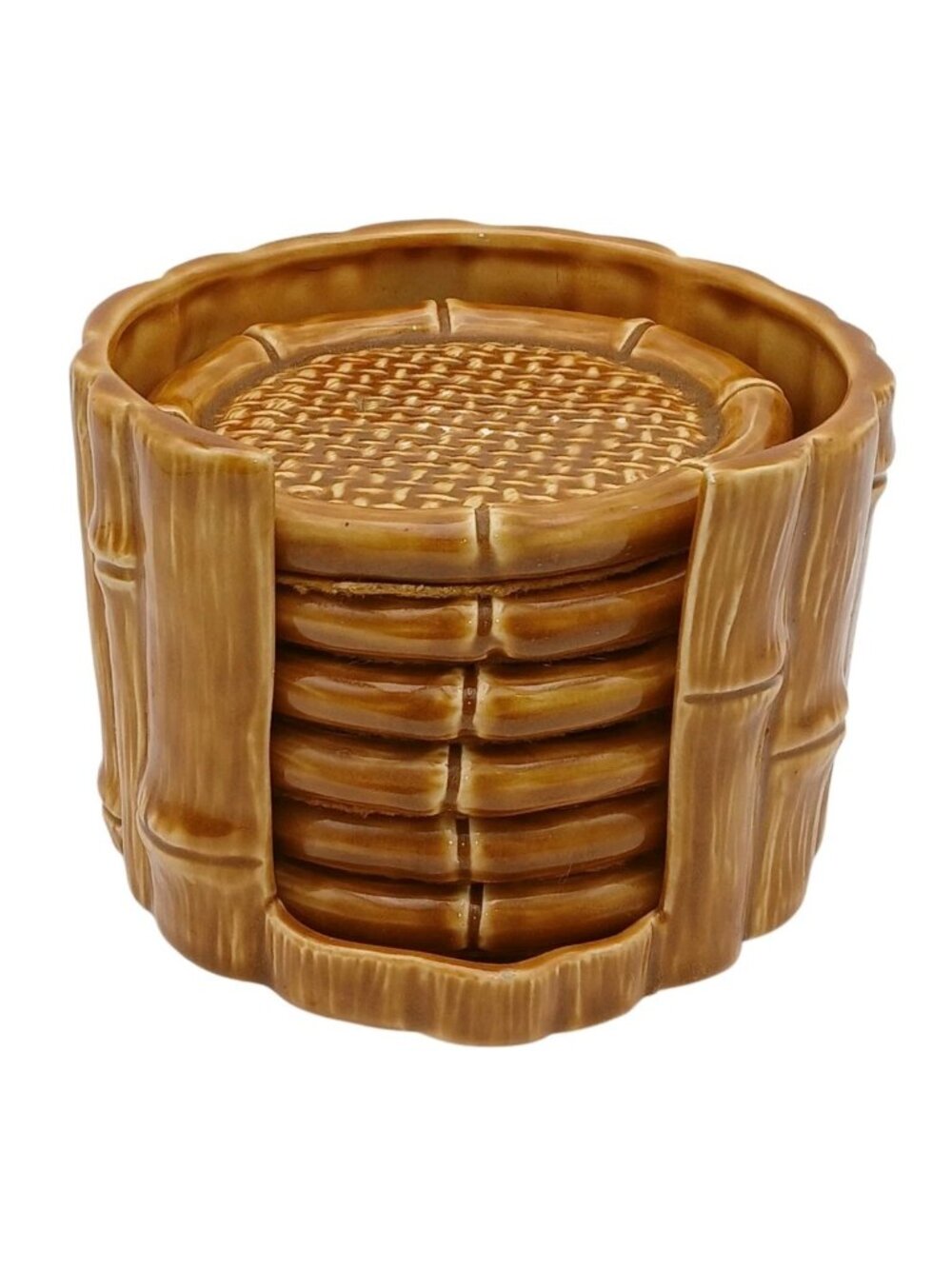 Vintage Faux Bamboo Porcelain Coaster Set 6 Wicker Rattan Look Holder